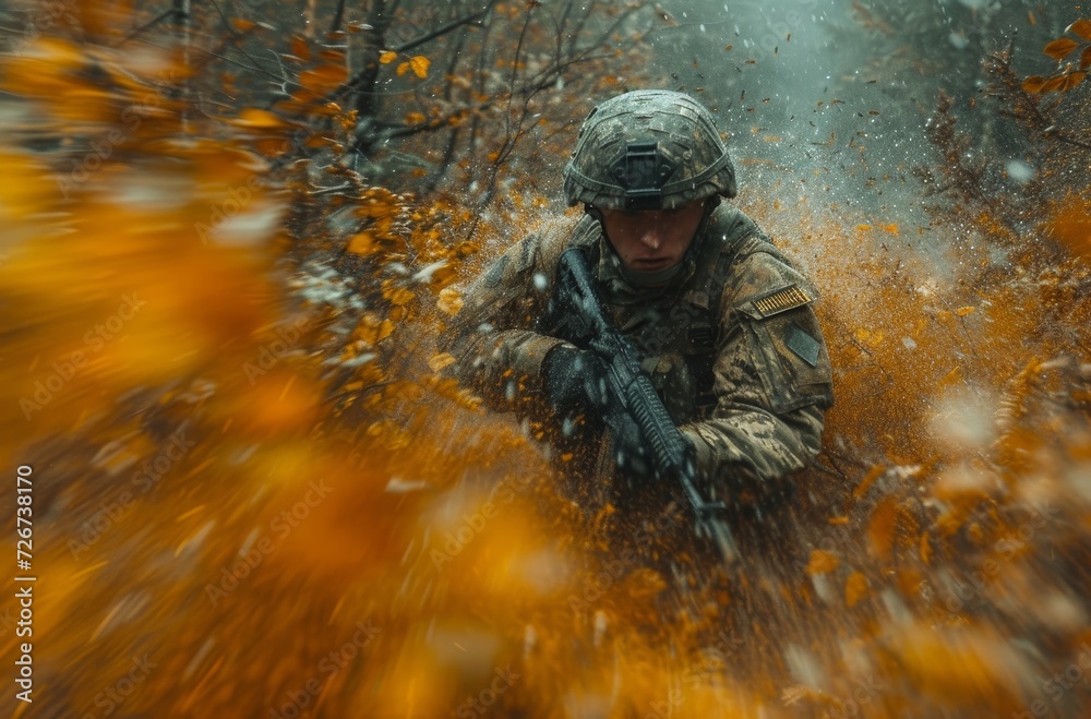 As the autumn leaves crunched beneath his boots, a soldier's determined face peered through the dense camouflage as he ran through the woods, representing the strength and bravery of the military org