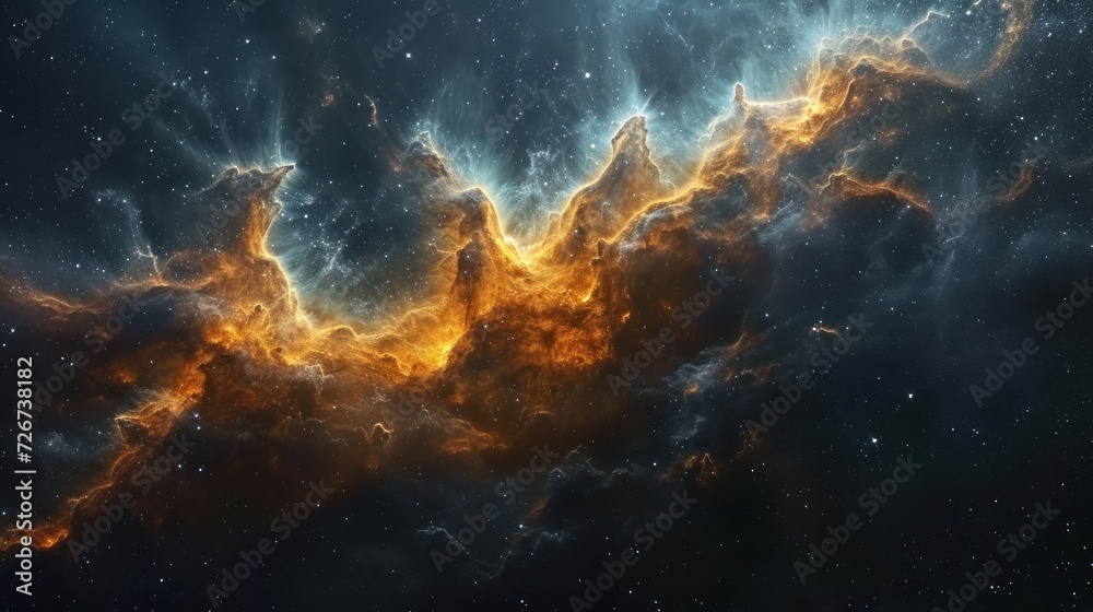  an image of a space scene with stars and a bright orange and yellow cloud in the middle of the image.