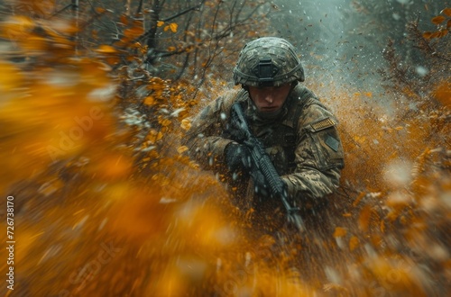 As the autumn leaves crunched beneath his boots, a soldier's determined face peered through the dense camouflage as he ran through the woods, representing the strength and bravery of the military org