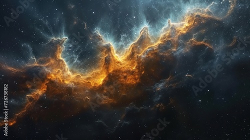 an image of a space scene with stars and a bright orange and yellow cloud in the middle of the image.