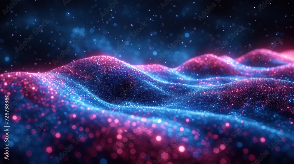 a computer generated image of a wave of blue and pink lights on a black background with a blur of pink and blue dots. a computer generated image of a wave of blue and pink lights on a black background with a blur of pink and blue dots.