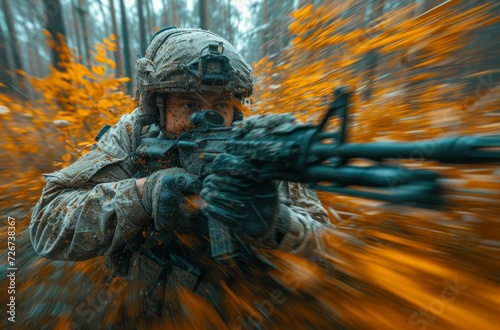 A solitary soldier stands amidst the lush green of the forest, his rifle at the ready as he carefully navigates the terrain, encapsulated by the beauty of nature and the weight of his weapon