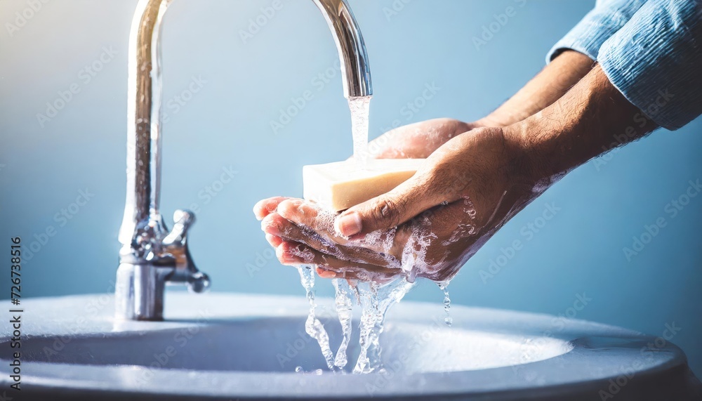 Wash your hands with soap and water under the tap. Hygiene concept ...