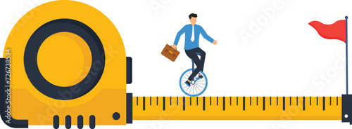 Business success measurement, Business goal and achievement or growth metric analysis, Businessman using measuring tape to measure and analyze distance from target flag concept,
