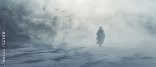 A man, a monk, or a wanderer, perhaps a ghost alone in a blizzard or in a heavy snowstorm