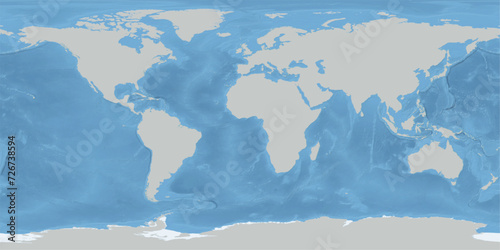 Simplified World Map in PlateCarree Projection, with Shaded Relief for Oceans, from -180 Longitude at left