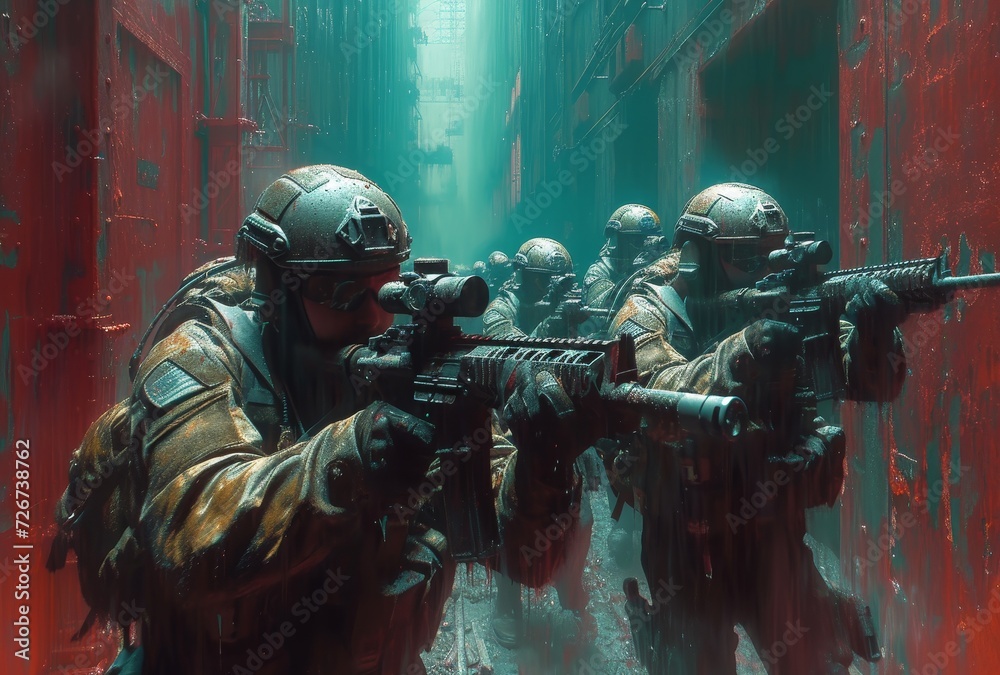 Amidst the chaos of a city under siege, a group of heavily armed soldiers stand ready to unleash their deadly arsenal, their helmets and ballistic vests gleaming in the harsh light as they prepare to