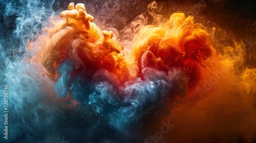  a colorful cloud of smoke in the shape of a heart on a black background with a red, yellow, and blue color scheme.