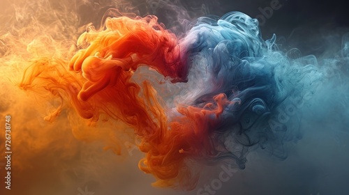  a multicolored cloud of smoke in the shape of a heart on a blue, yellow, red, and orange background.
