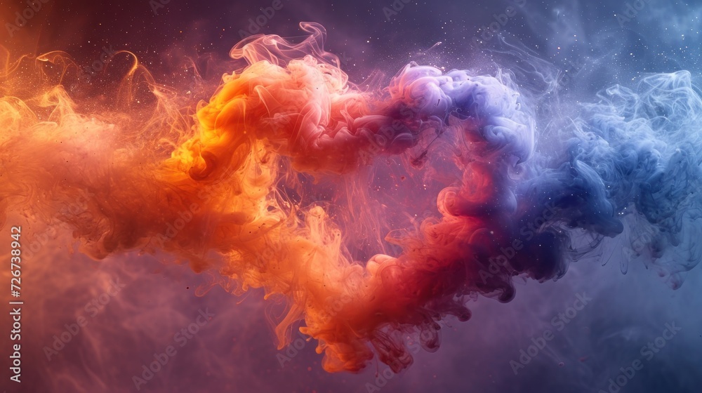  a multicolored cloud of smoke in the shape of a heart on a dark blue, red, and yellow background.