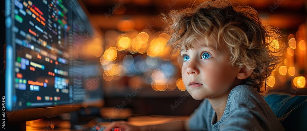 Young Boy Sitting in Front of Computer Monitor Young Boy Sitting in Front of Computer Monitor
