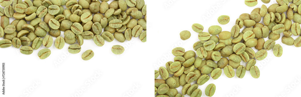 Obraz premium green coffee beans isolated on white background with copy space for your text. Top view. Flat lay