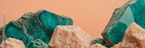 closeup macro view of a blue calcite with gold gemstone mineral on a pastel peachy beige background a picture for banner photo