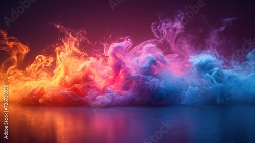  a group of colorful smokes floating on top of a body of water in front of a purple and red background.