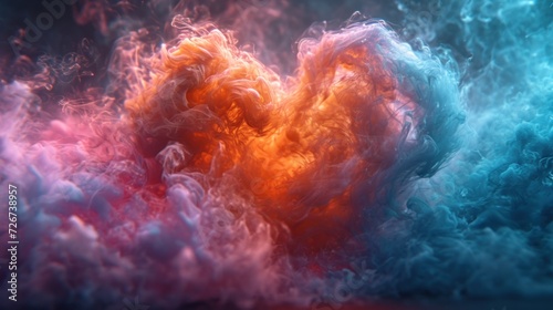  a colorful cloud of smoke in the shape of a heart in blue, pink, and orange on a black background.