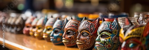 Decorative masks in a row on display at a market with soft focus background