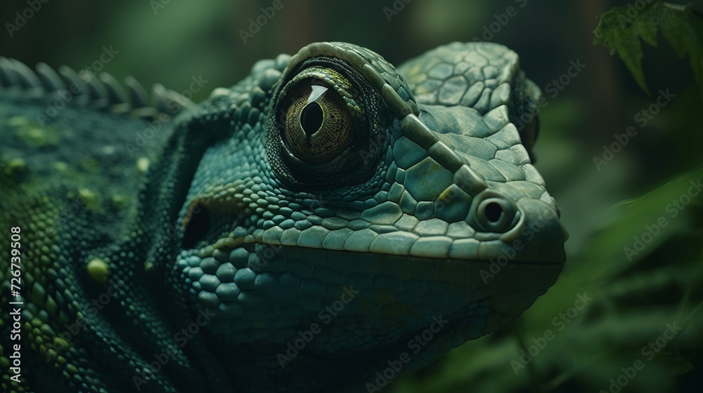 Fototapeta premium A macro shot of a green iguana. Completely green background