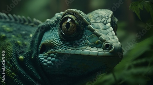 A macro shot of a green iguana. Completely green background