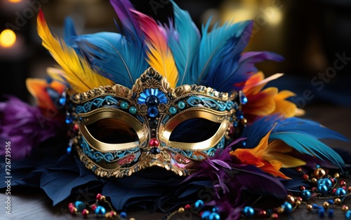 Ornate carnival mask adorned with feathers and jewels against a dark backdrop © Ihor