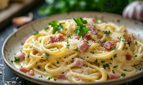 realistic shot of a rich and creamy carbonara 
