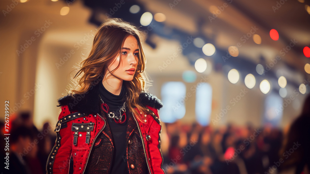 Elegant model walking the runway in a stylish red jacket at a vibrant fashion show event.