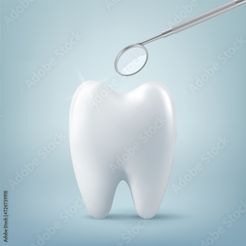 Vector 3d Realistic Tooth with Dental Mirror Closeup on Blue Background. Medical Dentist Tool. Design Template  Clipart  Mockup. Dentistry  Healthcare  Hygiene  Dental Care and Health Concept