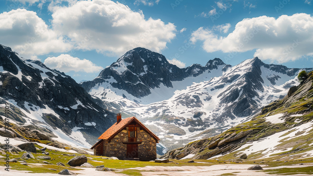 Cozy mountain cabin in a serene alpine landscape with snowy peaks under a sunny sky, offering a sense of solitude and adventure. Cozy mountain cabin in a serene alpine landscape with snowy peaks under a sunny sky, offering a sense of solitude and adventure.