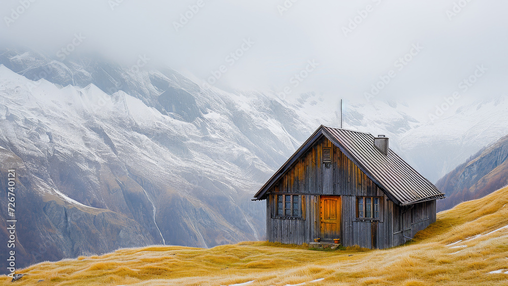 A cozy wooden cabin sits on a grassy alpine meadow, surrounded by majestic snow-capped mountains and offering a sense of peaceful solitude.