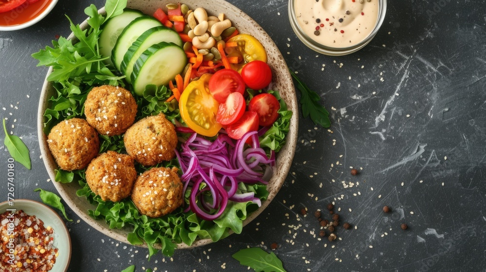 Vibrant salad bowl with a variety of fresh vegetables and falafels