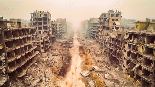 A haunting image of a war-torn city with devastated buildings lining an empty, rubble-filled street. photo
