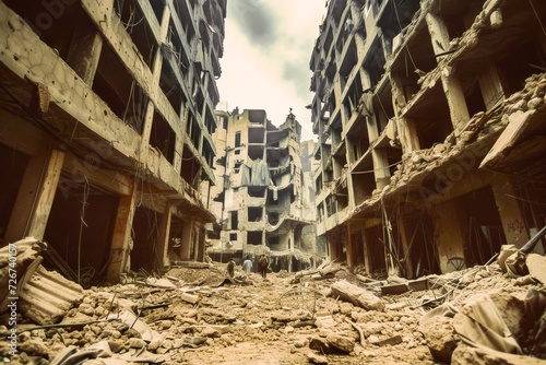 A haunting urban scene of a destroyed building in a war-torn area, showcasing the devastation and desolation left behind.