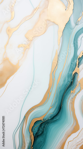 A HD close up of a minimalist acrylic marble painting. The painting is kept in black, white, turquoise and golden colors.
