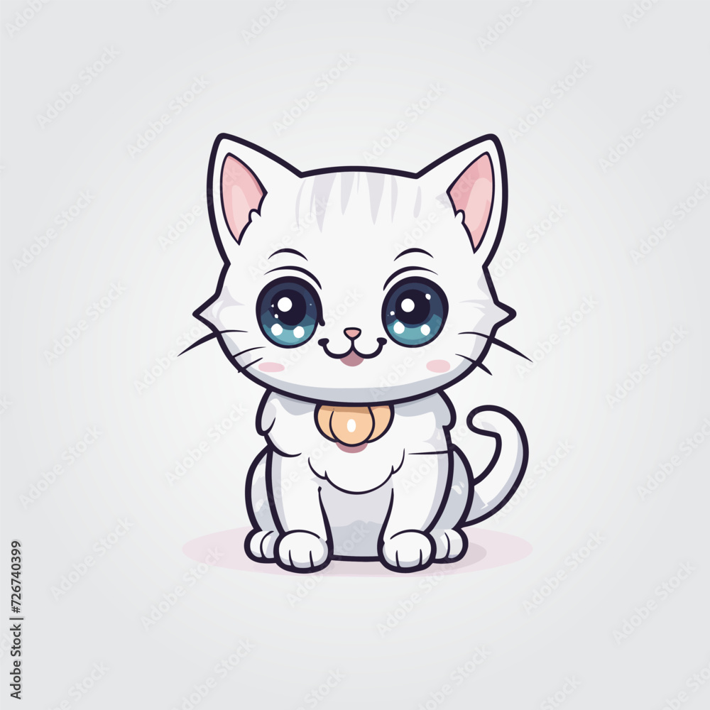 Cute kitty of kawaii style with big eyes and jolly smiling vector illustration in white background Cute kitty of kawaii style with big eyes and jolly smiling vector illustration in white background