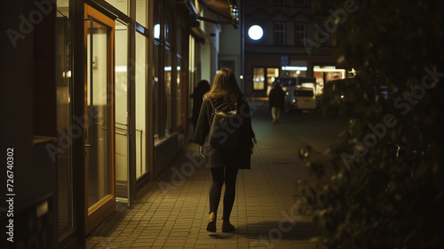 Young woman walking home alone late at night. Women's safety and stalking crime concept. AI generated © Sophie 