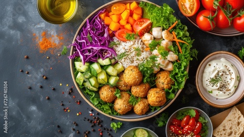 Vibrant salad bowl with a variety of fresh vegetables and falafels