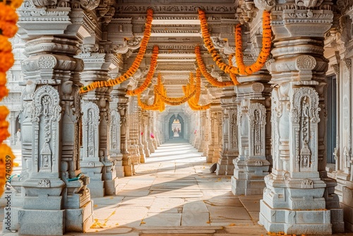A tranquil hallway in an Indian temple adorned with intricate stone carvings and marigold garlands under warm sunlight.