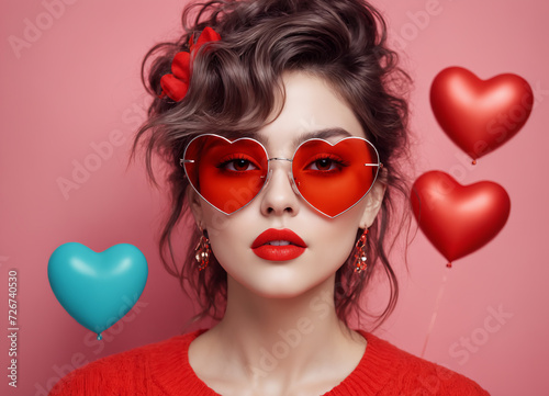 Portrait of a European beautiful young woman wearing red heart glasses