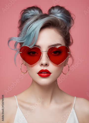 Portrait of a European beautiful young woman wearing red heart glasses