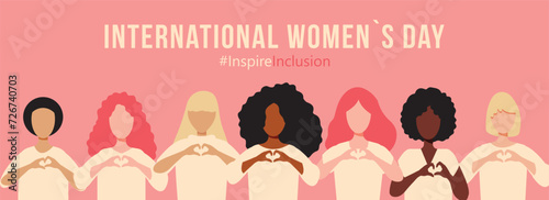International Women s Day concept pink banner. Diverse women with heart-shaped hands stand together. Campaign 2024 inspireinclusion photo