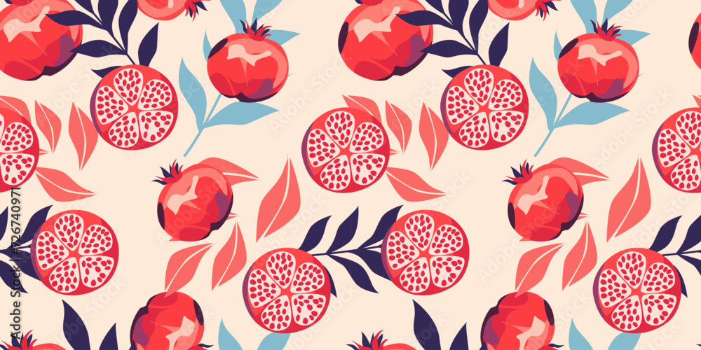 Seamless pattern with pomegranate fruits and seeds illustration. Design for cosmetics, spa, pomegranate juice, health care products, perfume, paper, cover, fabric, interior decor. Trendy background. - obrazy, fototapety, plakaty 