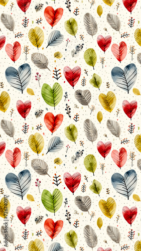 Watercolor Hearts and Leaves Pattern