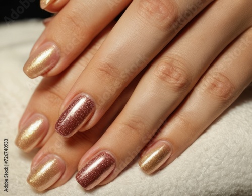 Hands with gold and brown neat manicure oval shape. For advertising manicure services  nail care products or as an illustration in articles about beauty and self-care.