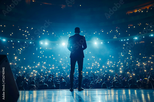 African american man giving music concert performance in a huge crowded stadium arena hall on a stage. Epic blue lights and smartphone flashlights