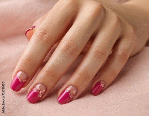 Hands with pink neat manicure oval shape. For advertising manicure services, nail care products or as an illustration in articles about beauty and self-care.