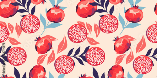 Seamless pattern with pomegranate fruits and seeds illustration. Design for cosmetics, spa, pomegranate juice, health care products, perfume, paper, cover, fabric, interior decor. Trendy background. photo