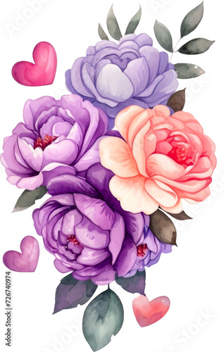 Watercolor Floral Bouquet and Hearts