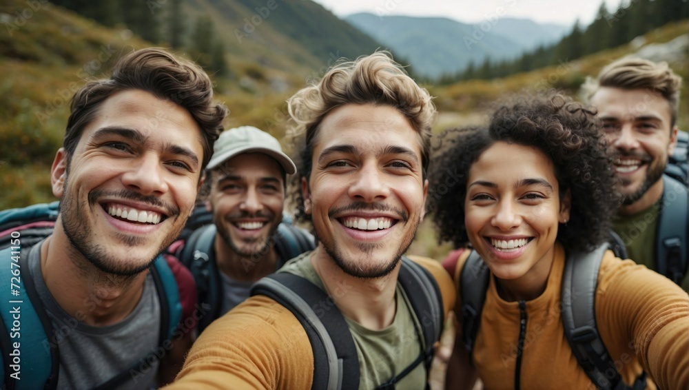 Dynamic young adults take a lively group selfie against a backdrop of mountainous nature, full of energy and smiles.