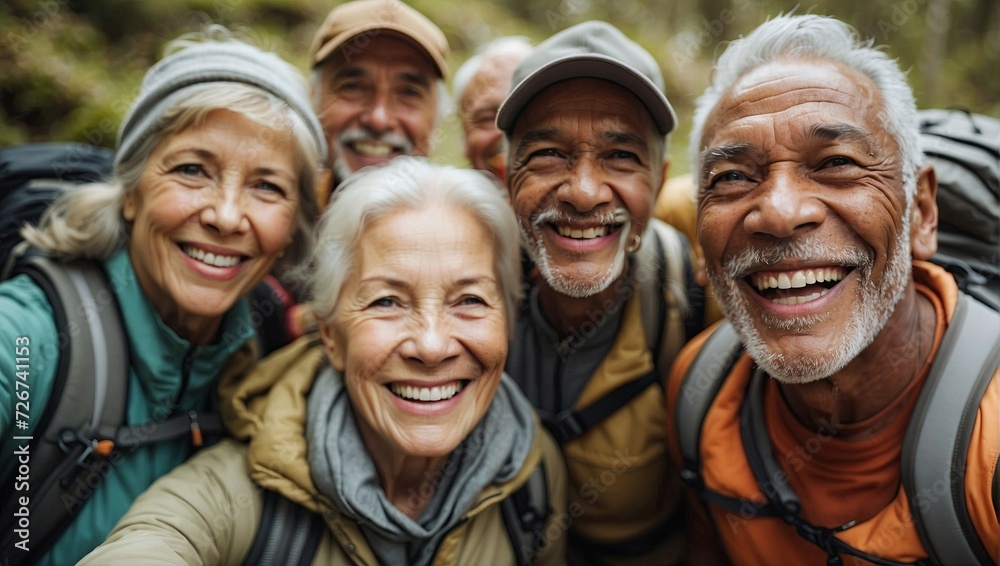 Cheerful elderly hikers taking a group selfie in the forest, showcasing wide smiles and outdoor gear.