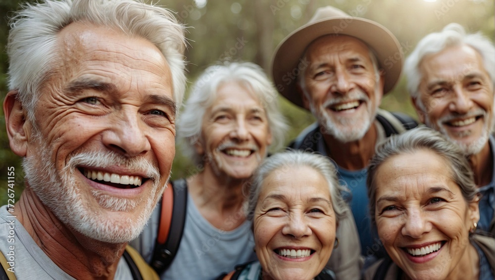 Radiant senior friends share a joyful moment capturing a group selfie while hiking in a lush forest.