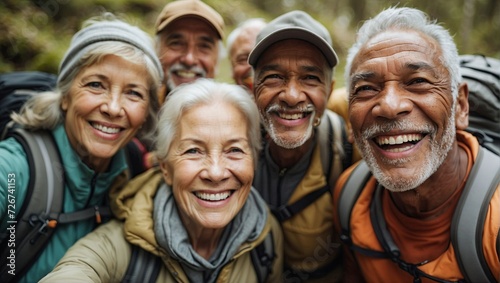 Cheerful elderly hikers taking a group selfie in the forest, showcasing wide smiles and outdoor gear. photo